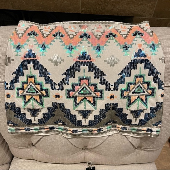 R: Express Aztec Sequin Mini Skirt Tribal Peach Grey Green Geometric Stretch S - Picture 3 of 10